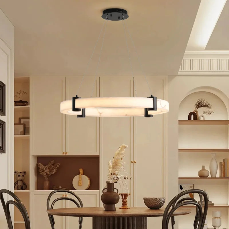 Aura Marble Ring Pendant 23.6Inch Round LED Pendant Light Hanging Chandelier Adjustable Height for luxury living room and modern dining area