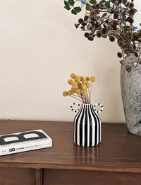 Ceramic Vase Double Ear Striped Glazed Black Blue Abstract Living Room Modern Decor