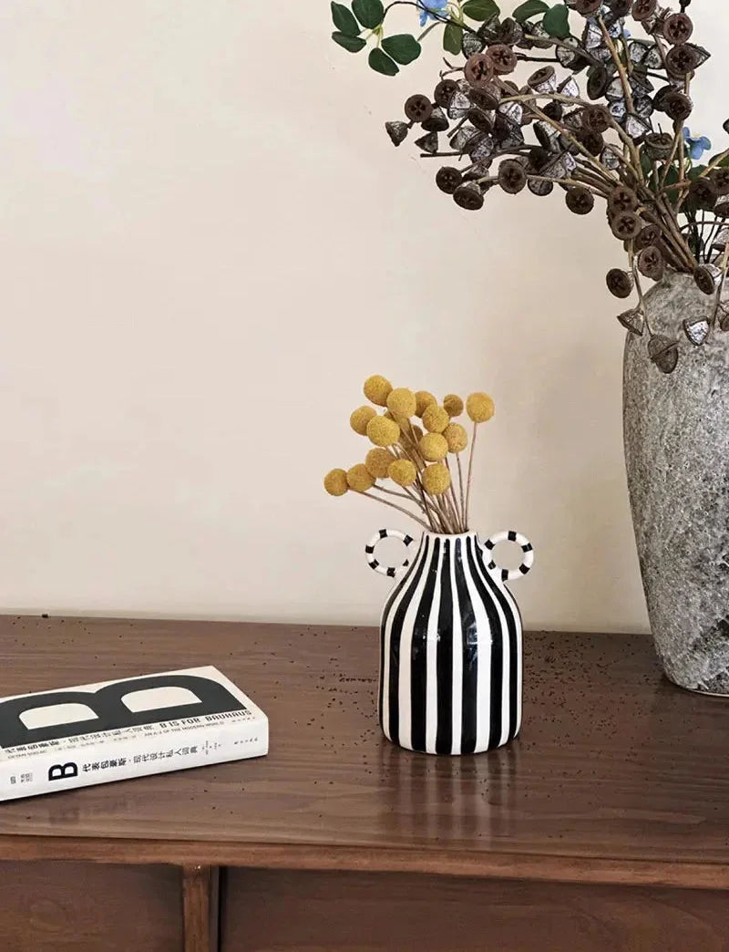 Ceramic Vase Double Ear Striped Glazed Black Blue Abstract Living Room Modern Decor