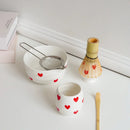 Ceramic heart print matcha bowl set with whisk holder and tea cup glossy white tea tools