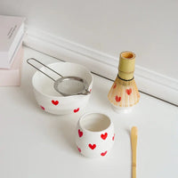 Ceramic heart print matcha bowl set with whisk holder and tea cup glossy white tea tools