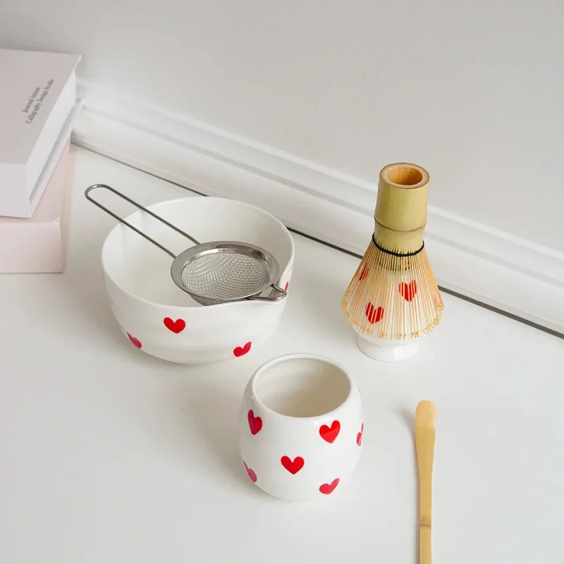 Ceramic heart print matcha bowl set with whisk holder and tea cup glossy white tea tools