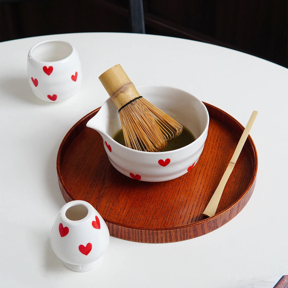 Ceramic heart print matcha bowl set with whisk holder and tea cup glossy white tea tools
