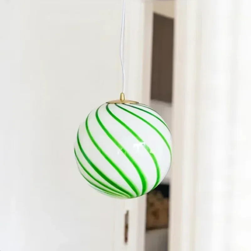 Pendant Light Striped Glass Globe Red Green Whimsical Modern Retro
