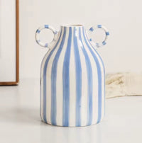 Ceramic Vase Double Ear Striped Glazed Black Blue Abstract Living Room Modern Decor