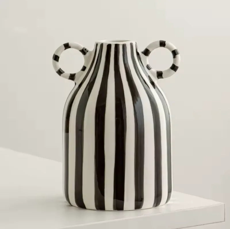 Ceramic Vase Double Ear Striped Glazed Black Blue Abstract Living Room Modern Decor