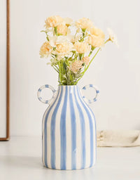 Ceramic Vase Double Ear Striped Glazed Black Blue Abstract Living Room Modern Decor