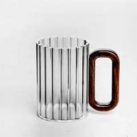 Glass Coffee Mug Ribbed 350ml Walnut Handle Heat Resistant Borosilicate Tea Milk Cup