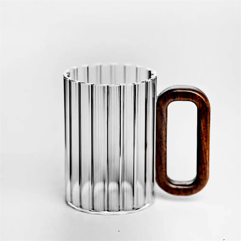 Glass Coffee Mug Ribbed 350ml Walnut Handle Heat Resistant Borosilicate Tea Milk Cup