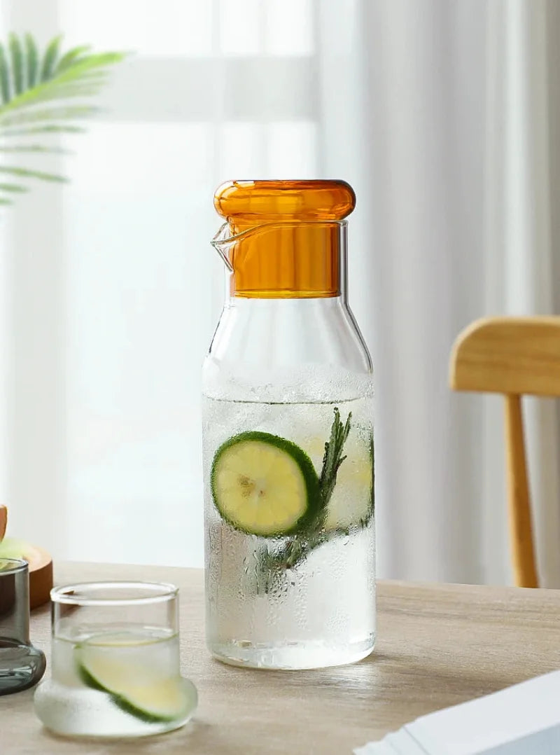 Glass carafe with cup lid modern water bottle minimalist infusion pitcher clear glass beverage container bedside carafe