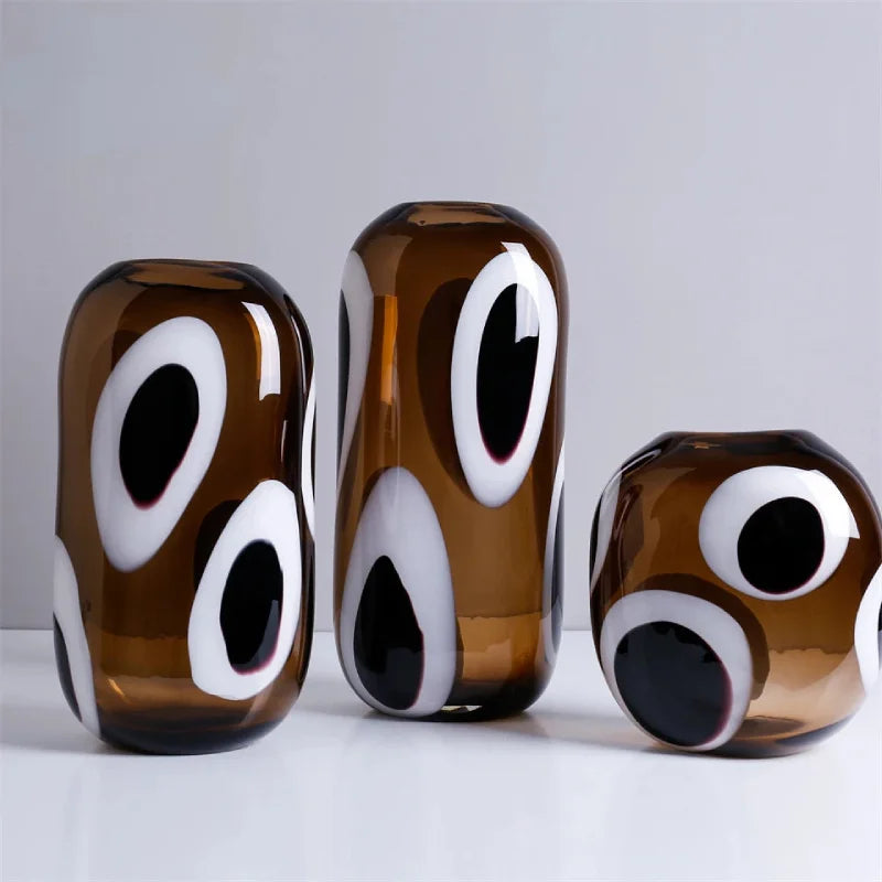Glass Vase Amber White Black Spot Pattern Glossy Finish Ellipsoid flower terrarium vase