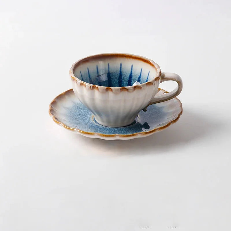 Blue ceramic dinnerware scalloped petal plate bowl sunburst glaze modern dining tableware set