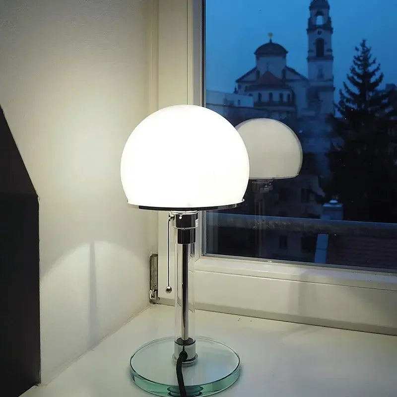 Bauhaus white glass dome table lamp with chrome base Danish Nordic modern bedside desk light