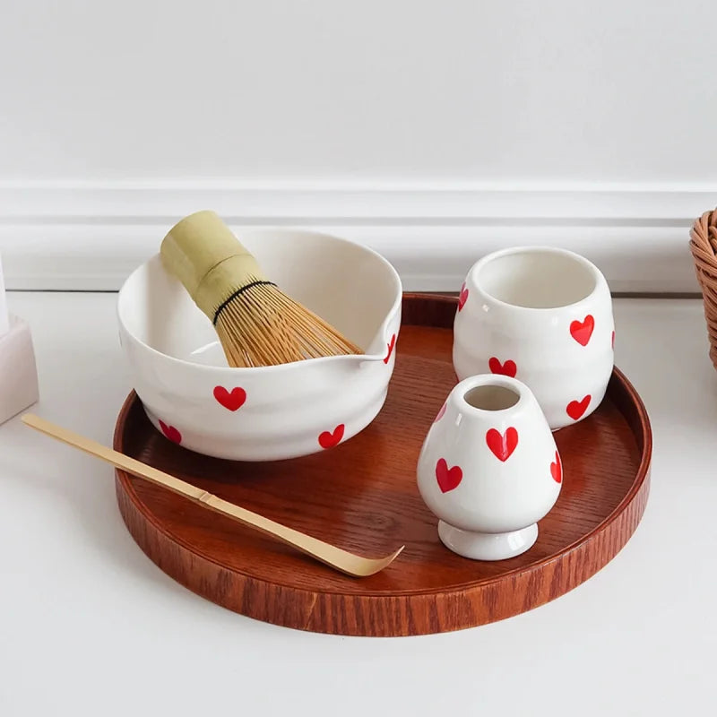 Ceramic heart print matcha bowl set with whisk holder and tea cup glossy white tea tools