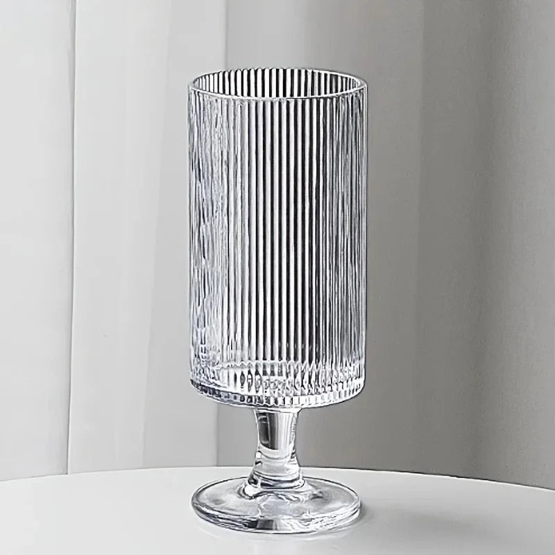 Footed glass cup vertical ribbed clear tall pedestal iced coffee juice cocktail wine elegant