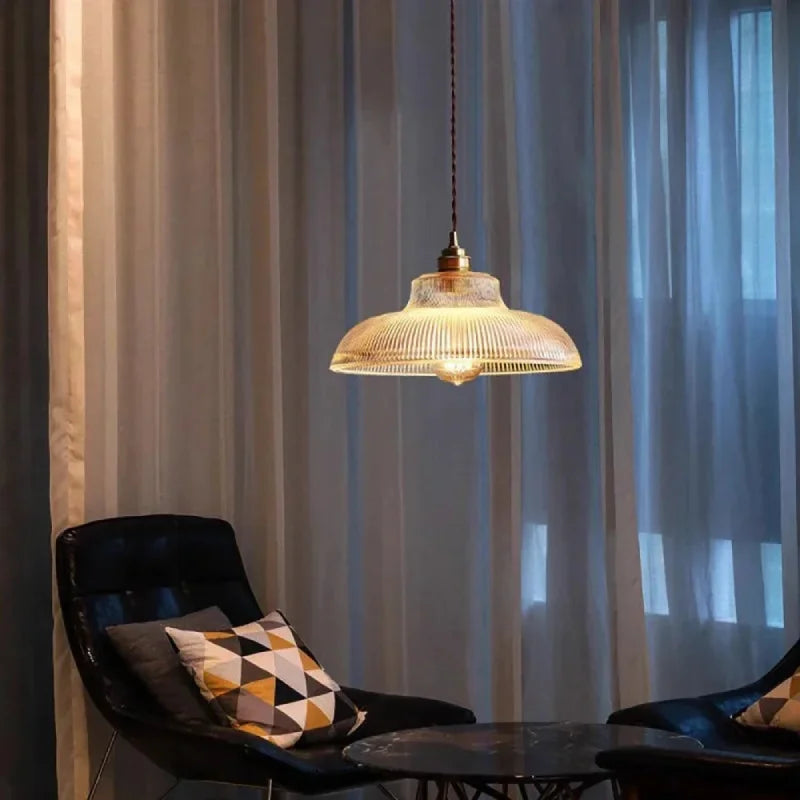 Linden Glow Ribbed Pendant Light Ribbed glass pendant light with brass hardware Nordic hanging lamp