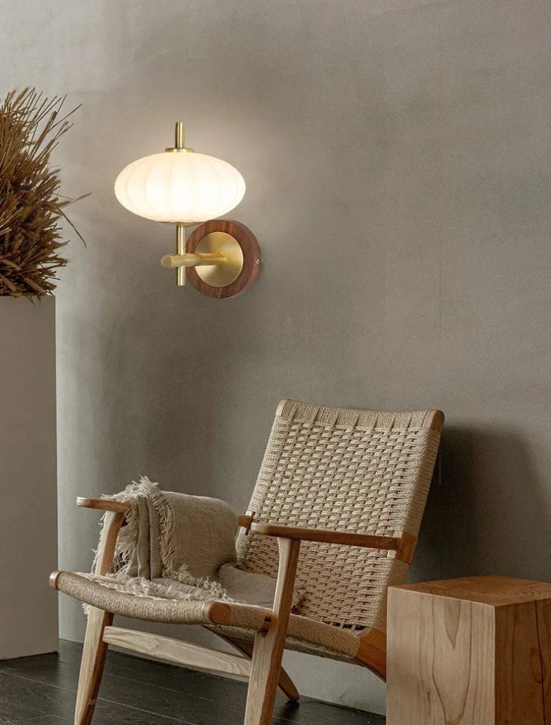 The Aurelia Sconce Walnut wood wall sconce with ribbed glass shade modern retro bedside light