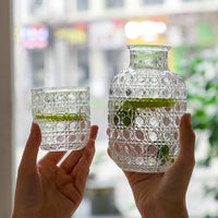 Bedside Carafe Pitcher And Water Glass Tumbler Set Vintage Glass Water Pitcher With Cup Set For Bedroom Retro Relief Patterns-Letifly Lights and Decor