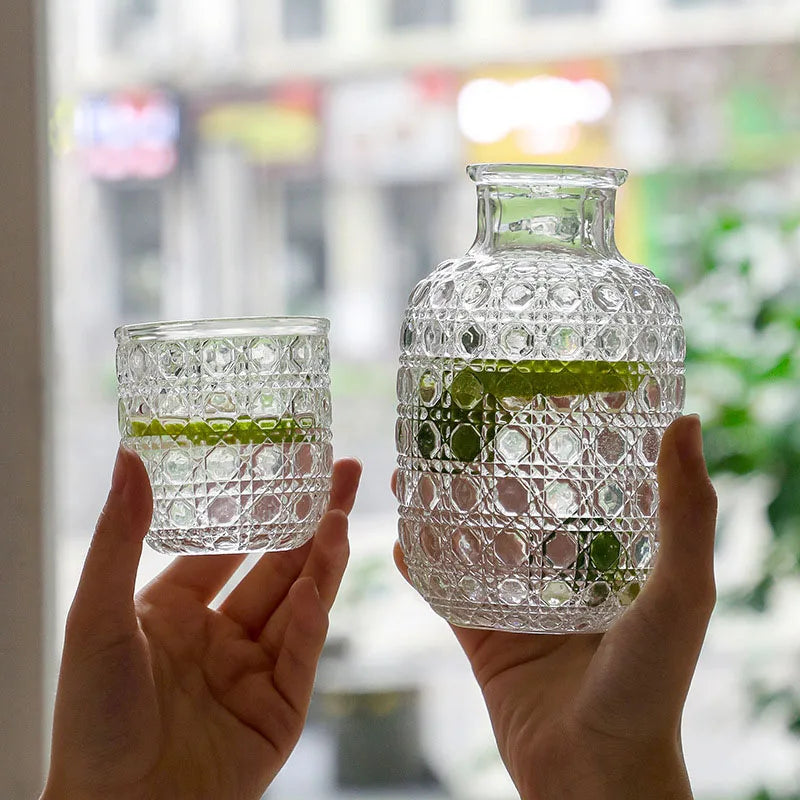 Bedside Carafe Pitcher And Water Glass Tumbler Set Vintage Glass Water Pitcher With Cup Set For Bedroom Retro Relief Patterns-Letifly Lights and Decor