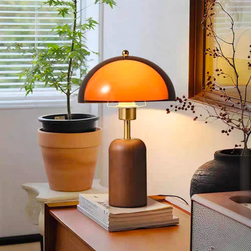 Letifly Lights & Decor - Amber Dome Table Lamp - Amber acrylic dome table lamp with wood-look base and brass-toned stem