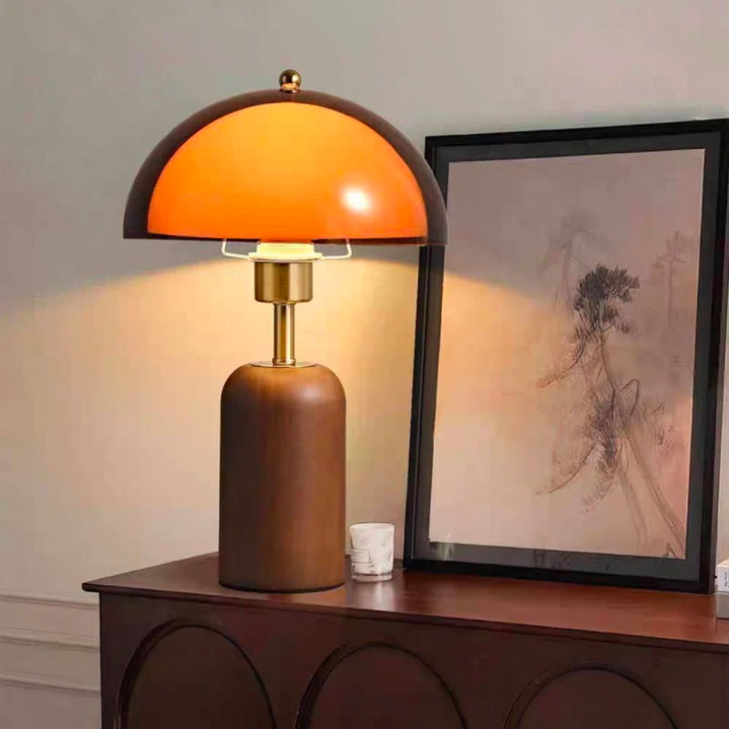 Letifly Lights & Decor - Amber Dome Table Lamp - Amber acrylic dome table lamp with wood-look base and brass-toned stem