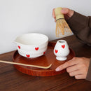 Ceramic heart print matcha bowl set with whisk holder and tea cup glossy white tea tools