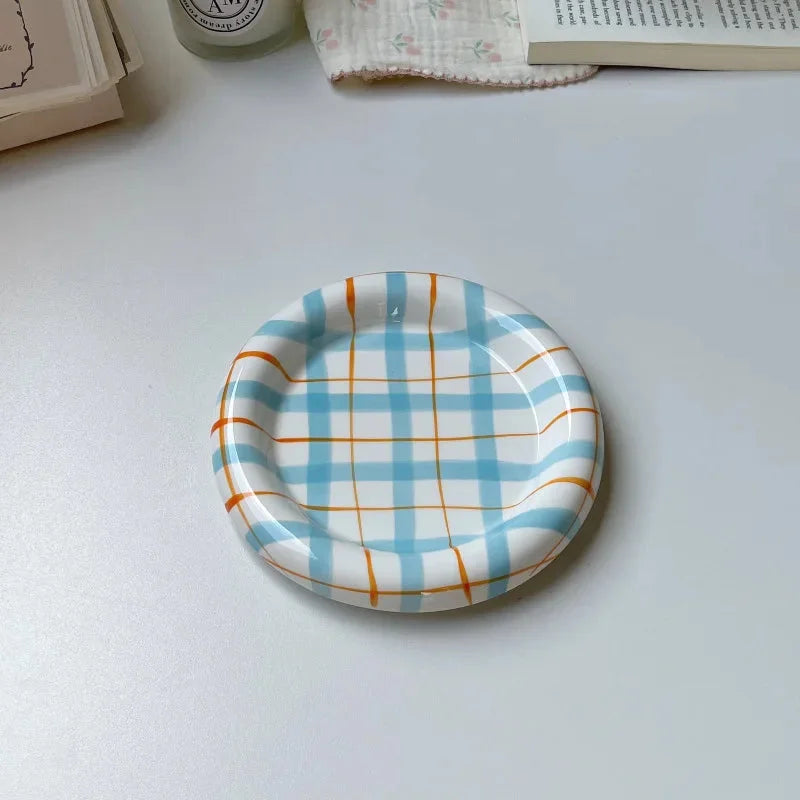 Gridline Ceramic Plates Glossy ceramic plates with thick rim in pink green blue purple modern tableware