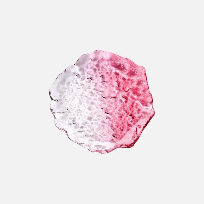Zenith glass coaster set with irregular edges, transparent pink and blue textured plates for home dessert, dim sum, fruit, and decorative use