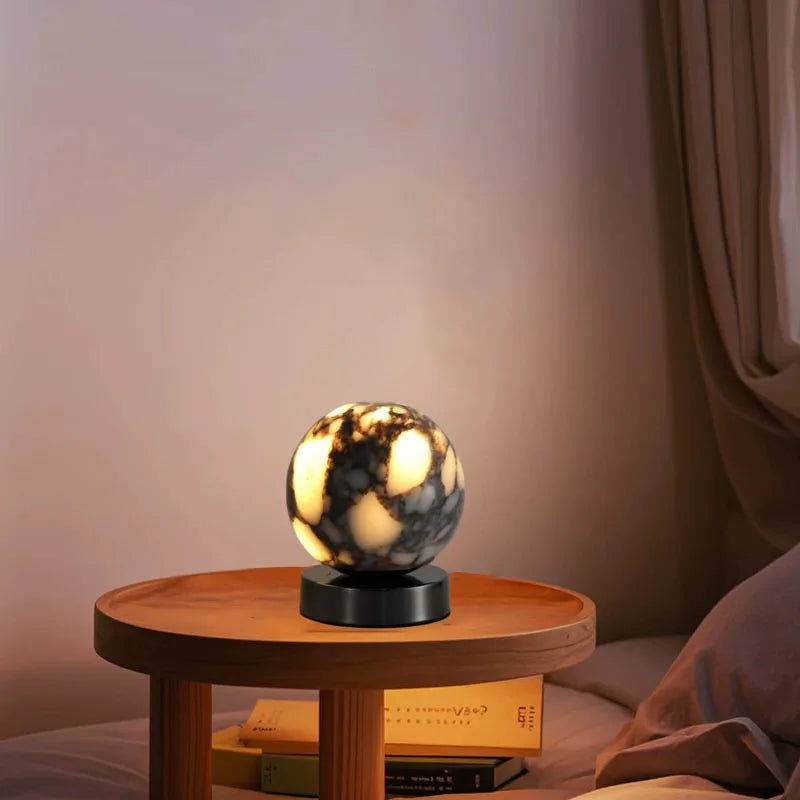 Marble LED bedside lamp soft glow sculptural natural stone cylinder and globe night light