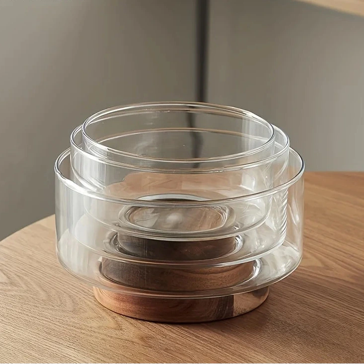 Glass Fruit Bowl Creative Large Salad Bowl Wood Base Snacks Popcorn Nuts Storage Bowls Home Christmas Snack Storage Container-Letifly Lights and Decor