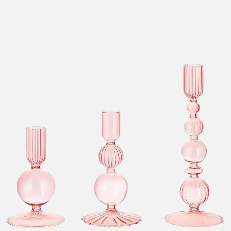 Colorful glass taper candle holders with ribbed and gradient design, set of 3 decorative centerpiece candlesticks