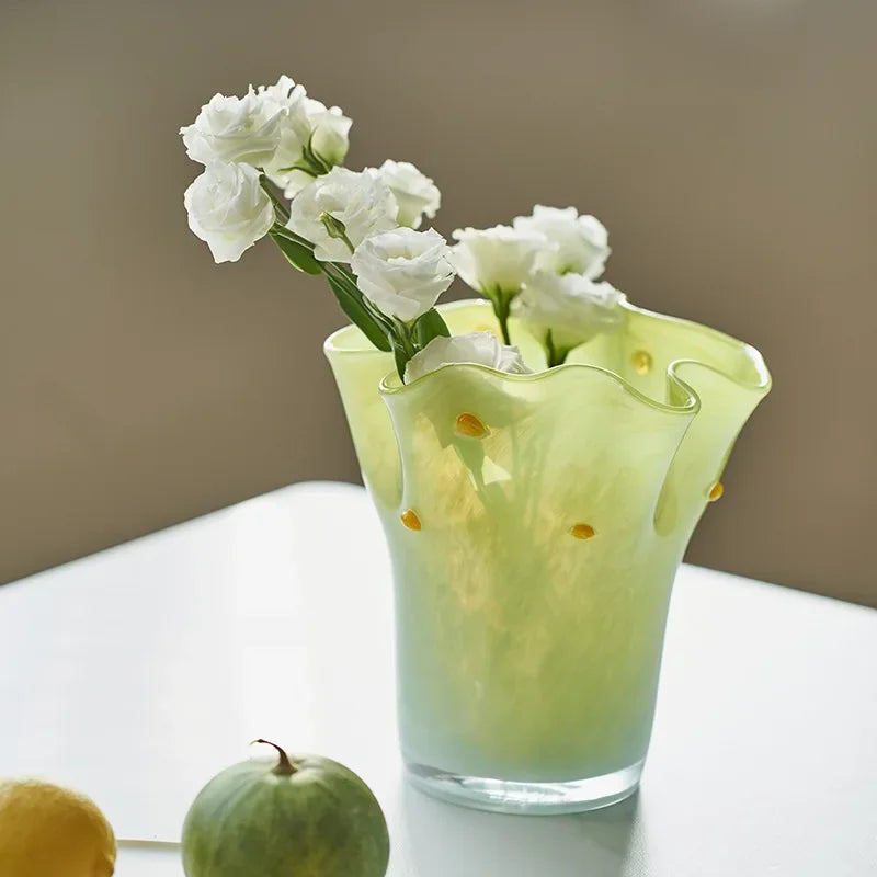 Glass vase gradient color wavy rim handblown ruffle edge pastel dotted accents