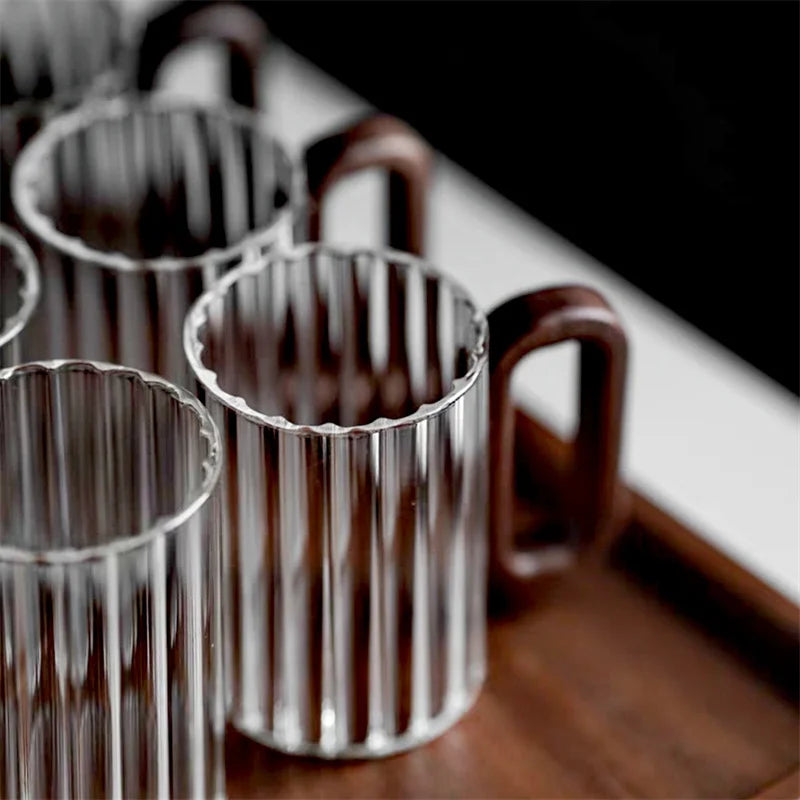 Glass Coffee Mug Ribbed 350ml Walnut Handle Heat Resistant Borosilicate Tea Milk Cup