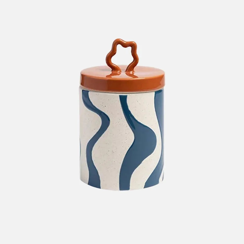 Retro colorful ceramic storage jar with lid wavy design glazed finish kitchen coffee candy container