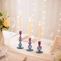 Colorful glass taper candle holders with ribbed and gradient design, set of 3 decorative centerpiece candlesticks