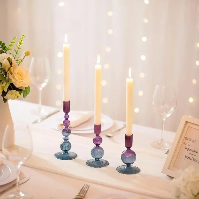 Colorful glass taper candle holders with ribbed and gradient design, set of 3 decorative centerpiece candlesticks