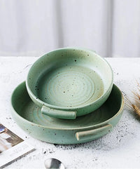 KINGLANG Handmade Rough Pottery Plate Retro Ceramic Household Dishes Japanese Fruit Plate with Handle-Letifly Lights and Decor