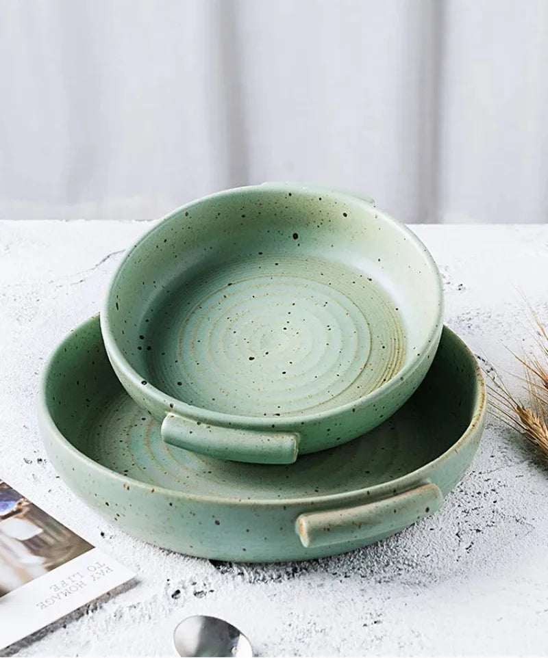 KINGLANG Handmade Rough Pottery Plate Retro Ceramic Household Dishes Japanese Fruit Plate with Handle-Letifly Lights and Decor