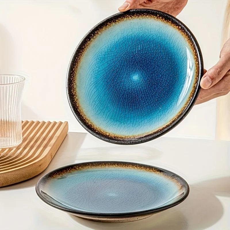 Ceramic Dinner Plate Green Kiln Glaze Flat Sushi Salad Serving Crackle Ice Glazed Dish