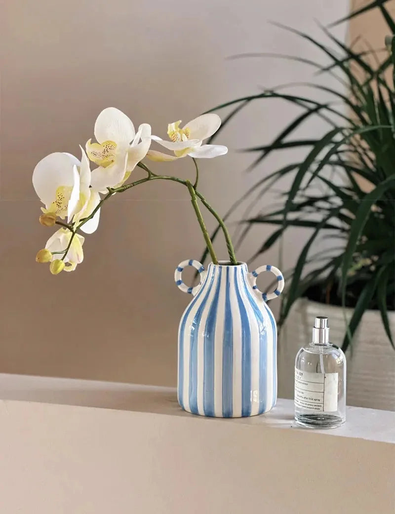 Ceramic Vase Double Ear Striped Glazed Black Blue Abstract Living Room Modern Decor
