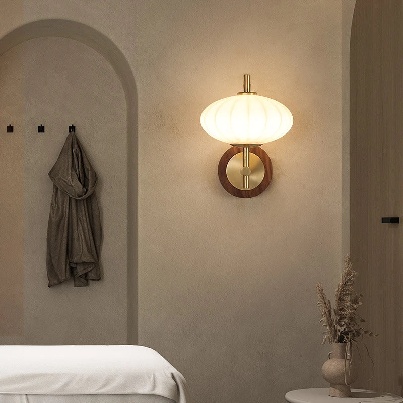 The Aurelia Sconce Walnut wood wall sconce with ribbed glass shade modern retro bedside light