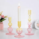 Colorful glass taper candle holders with ribbed and gradient design, set of 3 decorative centerpiece candlesticks