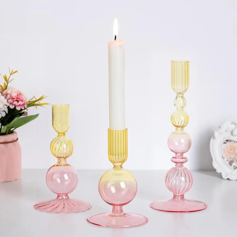 Colorful glass taper candle holders with ribbed and gradient design, set of 3 decorative centerpiece candlesticks