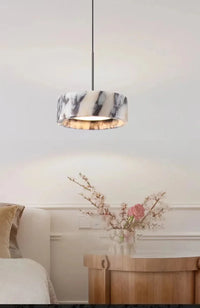Modern natural stone Alabaster Core LED pendant lamp, dimmable marble chandelier with adjustable height for luxury bedroom bedside and kitchen bar