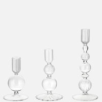 Colorful glass taper candle holders with ribbed and gradient design, set of 3 decorative centerpiece candlesticks