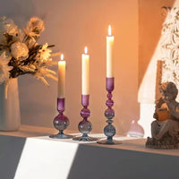 Colorful glass taper candle holders with ribbed and gradient design, set of 3 decorative centerpiece candlesticks