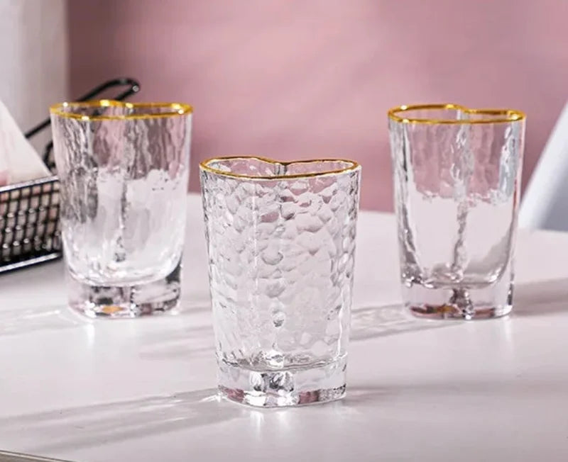 Nordic Lead Free Hammer Pattern Heart Shape Lovely Clear Glass Tumbler Cup with Gold Rim 210ml 7oz Cups for Lovers 1 Pc-Letifly Lights and Decor