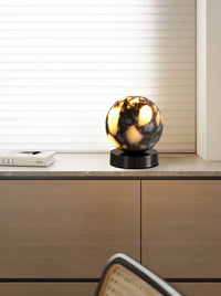 Marble LED bedside lamp soft glow sculptural natural stone cylinder and globe night light