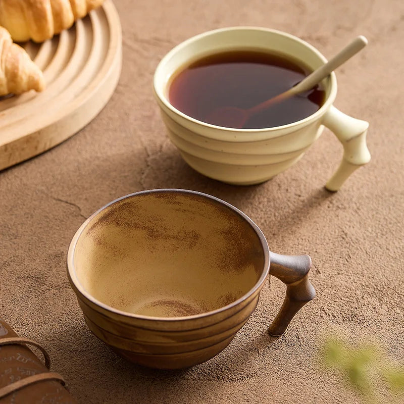 Ceramic ridged coffee mug warm brown textured tea cup sculptural handle minimalist drinkware