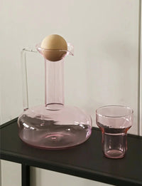Colorful borosilicate glass kettle set with lid, modern pitcher with cup, pink blue grey clear 